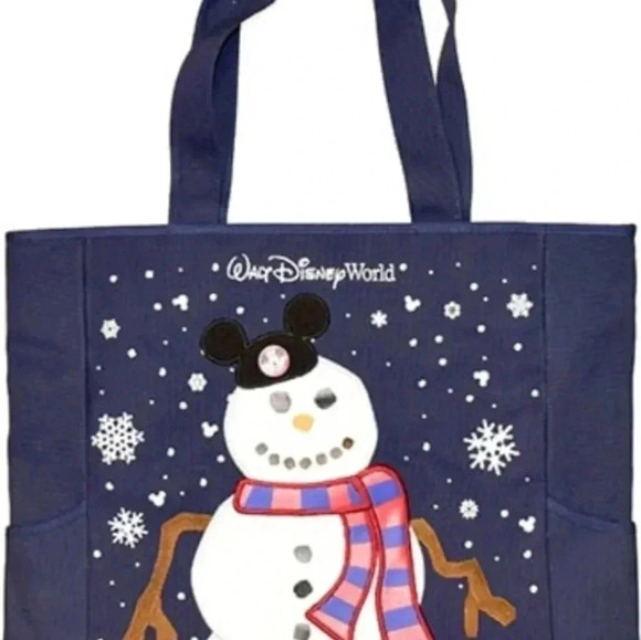 Disney Tote Bag - Walt‎ Disney World Mickey Snowman Holiday Blue Snowflake NWT - Picture 1 of 7